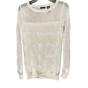 MODA INTERNATIONAL cream Sequin wool mohair blend thin lightweight sweater sz M